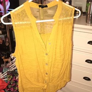 Yellow button down with tie tank with lace